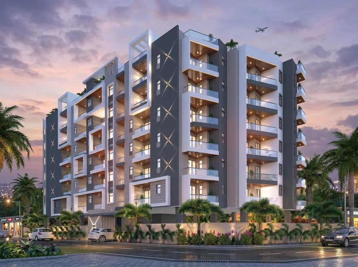 Devaashish Apartments at sunset, balconies lit against a violet sky.