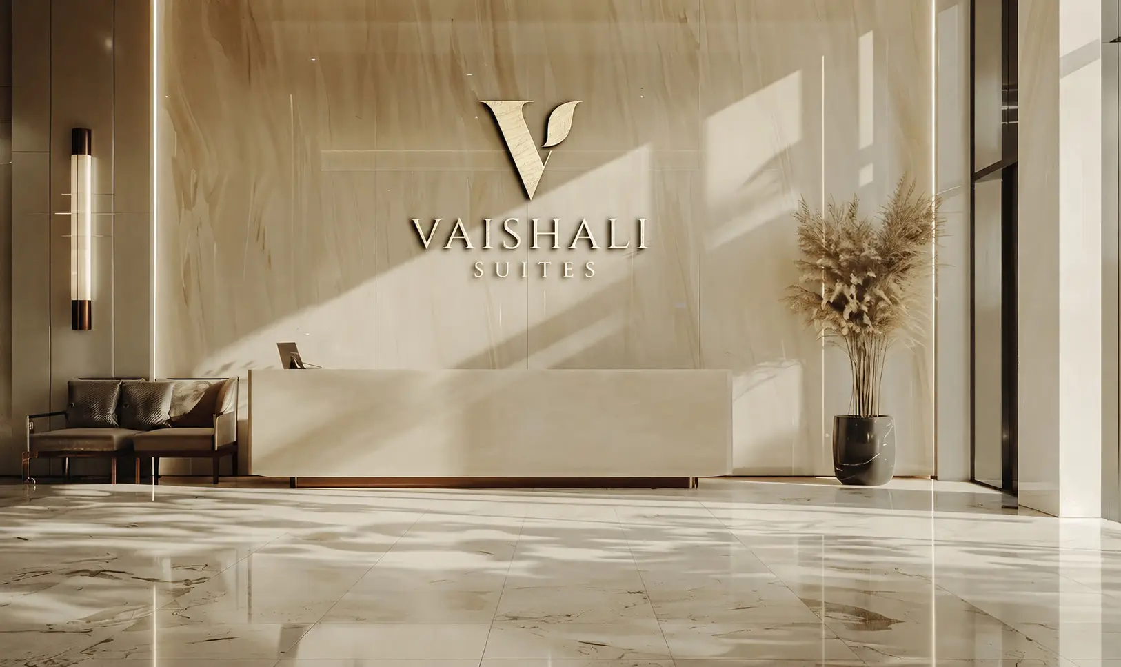The marble entrance lobby, with Vaishali Suites lettered on the wall.